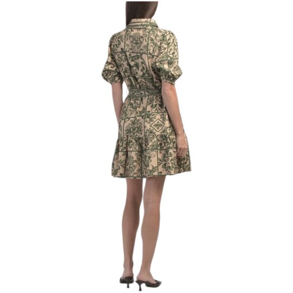 LEA Short Sleeve Tile Print Mini Dress With Belt - Picture 2 of 3